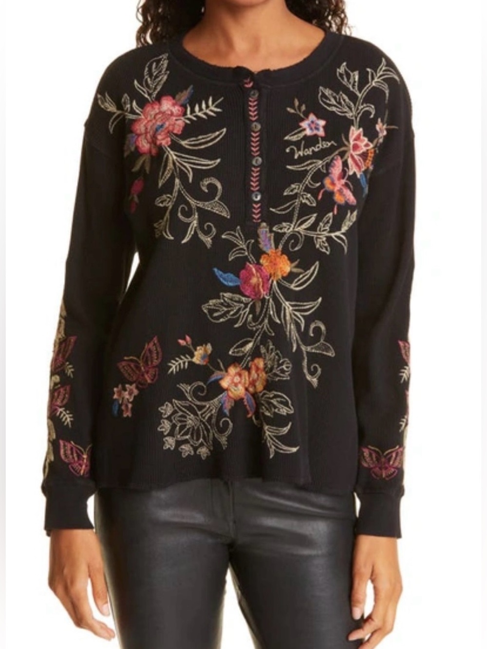 Johnny Was Taline Thermal Black Floral Henley Ribbed Embroidered -Medium